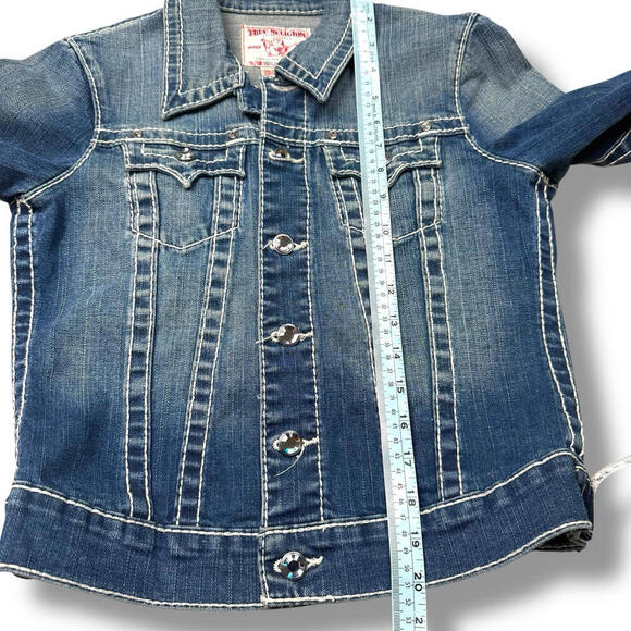 True Religion Women’s Disco Emily Big T Denim Jacket Size S Rainstone Button Y2K - Picture 12 of 13